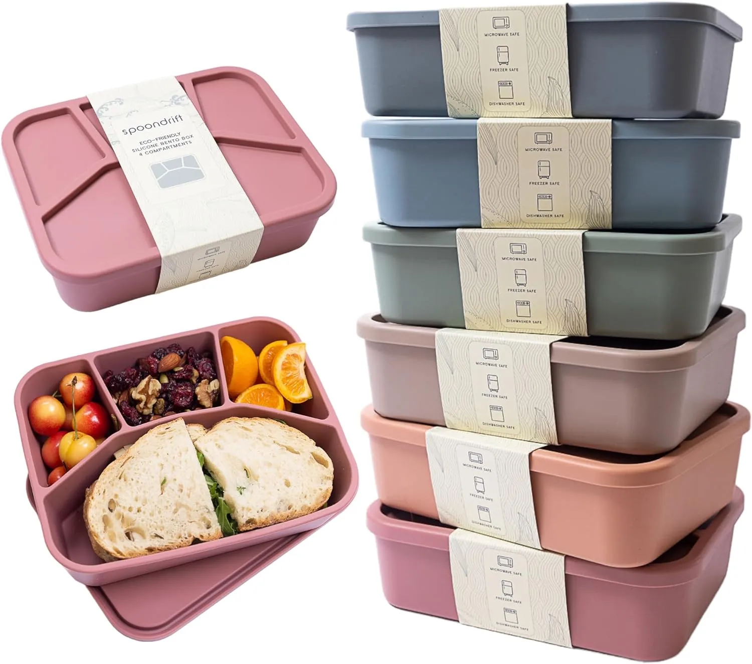 Lunchbox, 100% Food Grade Eco-Friendly Leak-Proof Silicone Bento Box, 4 Compartment, 6 Colors