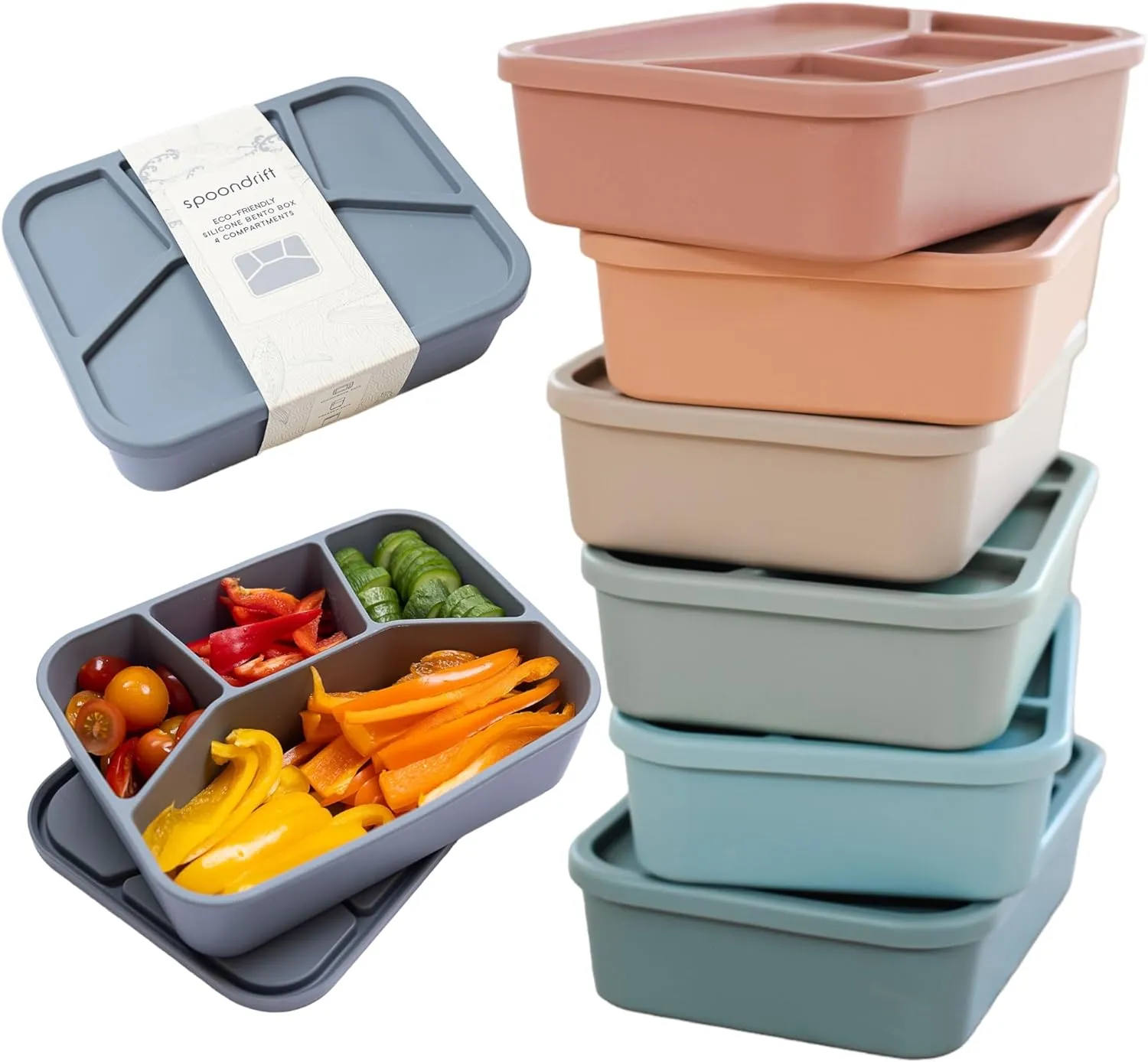 Lunchbox, 100% Food Grade Eco-Friendly Leak-Proof Silicone Bento Box, 4 Compartment, 6 Colors