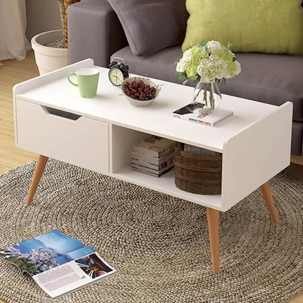 Modern White Solid Wood Coffee Table with Storage