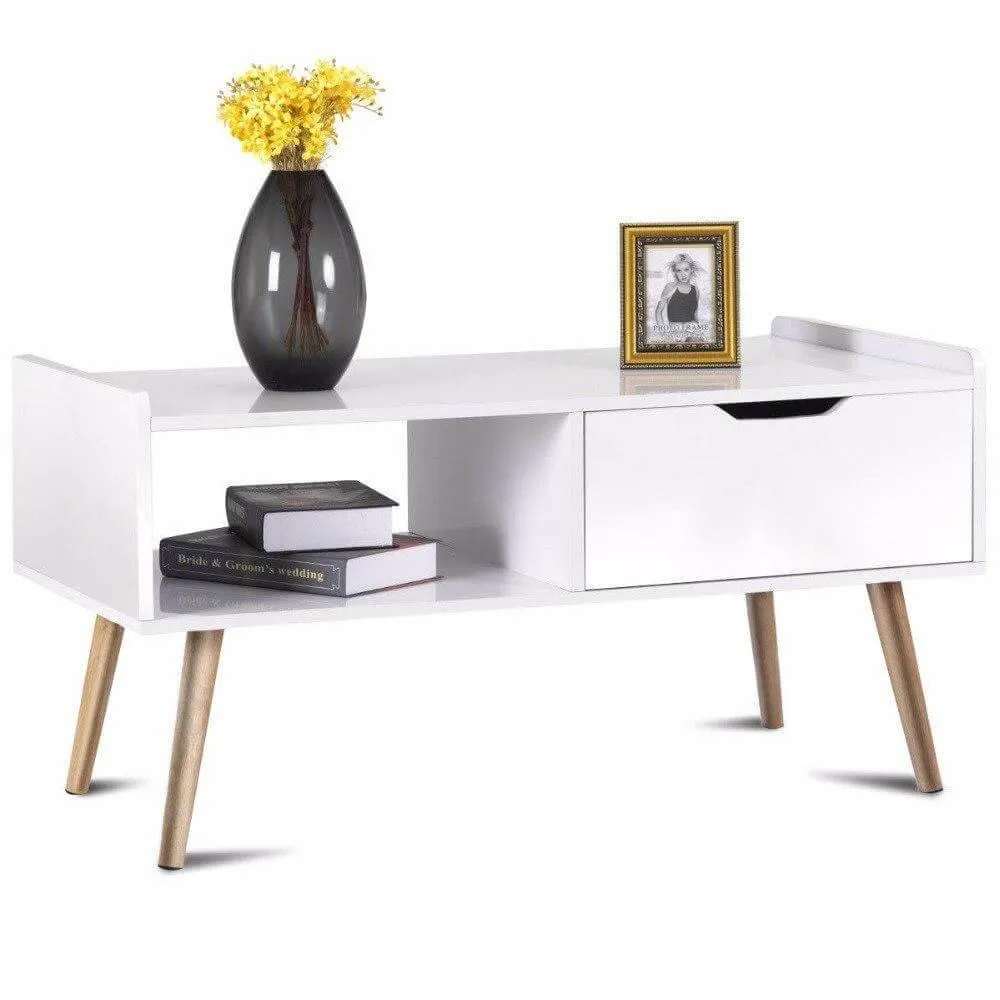 Modern White Solid Wood Coffee Table with Storage