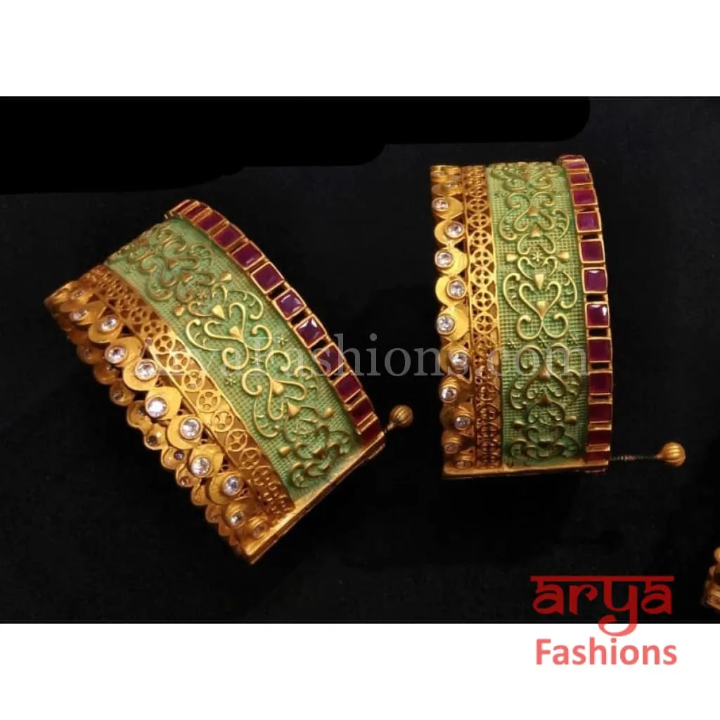 Naina Mint Green Jadau Bracelet Bangles with Kundan and Ruby Stones