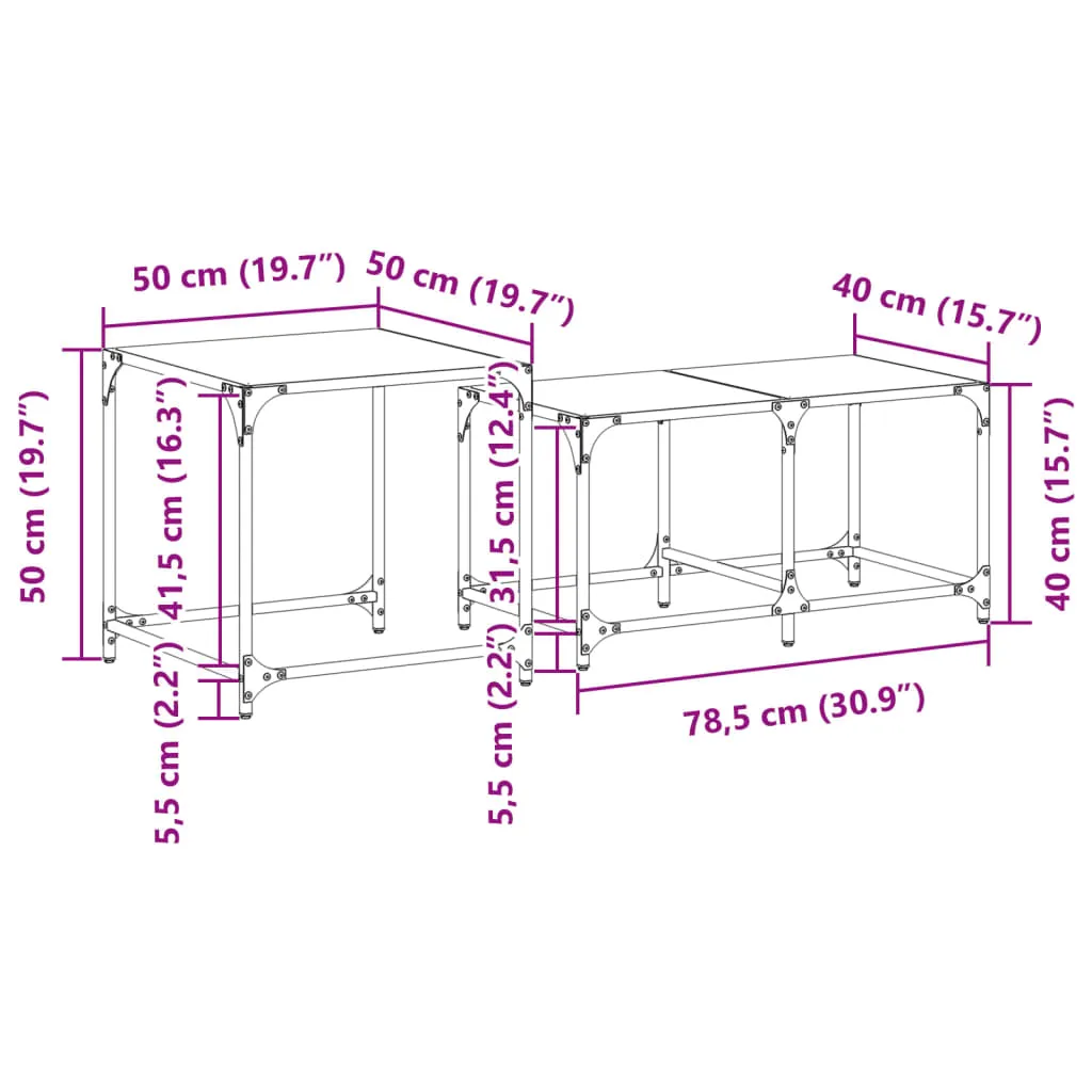 Nesting Coffee Tables 2 pcs with Transparent Glass Top Steel