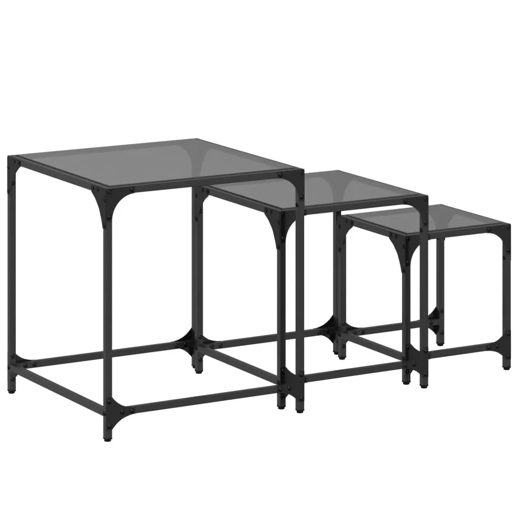 Nesting Coffee Tables 3 pcs with Black Glass Top Steel