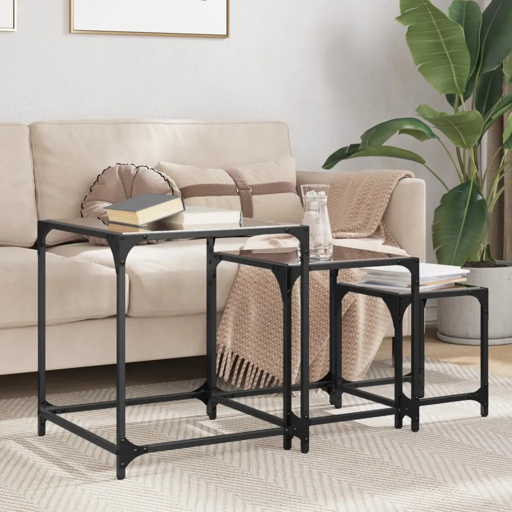 Nesting Coffee Tables 3 pcs with Black Glass Top Steel