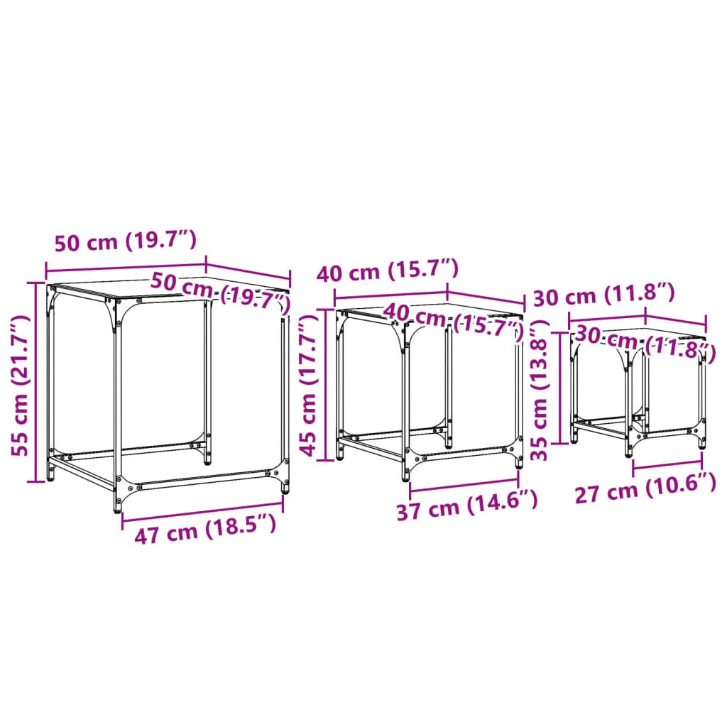 Nesting Coffee Tables 3 pcs with Transparent Glass Top Steel