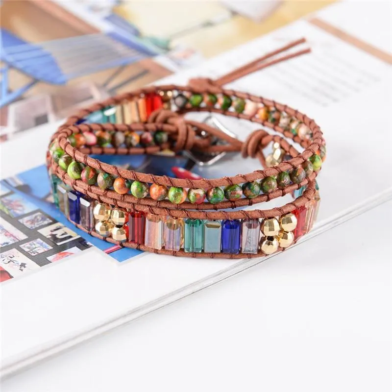 New Chakra Bracelet Fashion Jewelry  Natural Stone Bead Handmade Crystal Leather Bracelet Wrap Bracelet HandWork Drop Shipping