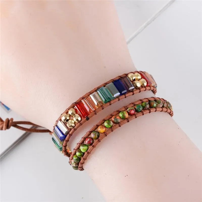 New Chakra Bracelet Fashion Jewelry  Natural Stone Bead Handmade Crystal Leather Bracelet Wrap Bracelet HandWork Drop Shipping