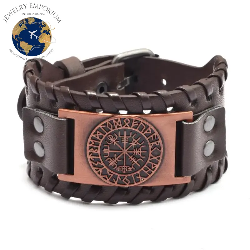 Nordic Viking Odin Compass Bracelet - Handcrafted Woven Leather Wristband for Men - Adjustable Punk Jewelry