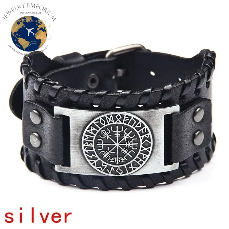 Nordic Viking Odin Compass Bracelet - Handcrafted Woven Leather Wristband for Men - Adjustable Punk Jewelry