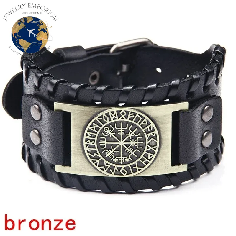 Nordic Viking Odin Compass Bracelet - Handcrafted Woven Leather Wristband for Men - Adjustable Punk Jewelry