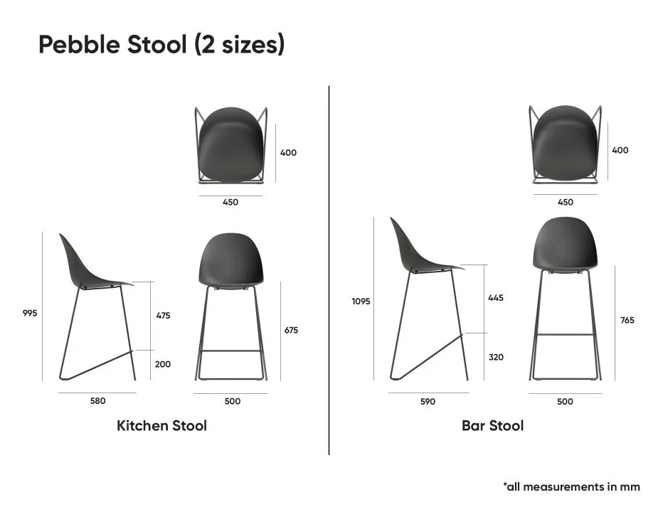 Pebble Stool Black Upholstered Vintage Seat - Bar Stool 75cm Seat