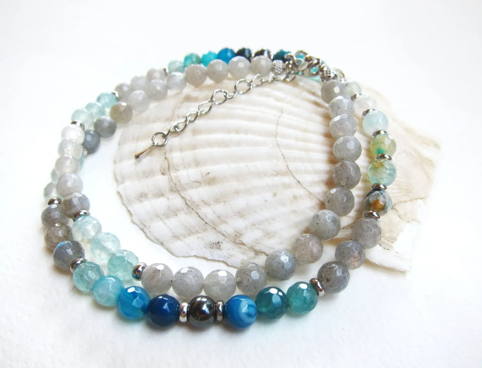 Rainbow Labradorite, Hematite, Blue Agate Luxurious Necklace - Calming, Confidence, Protection