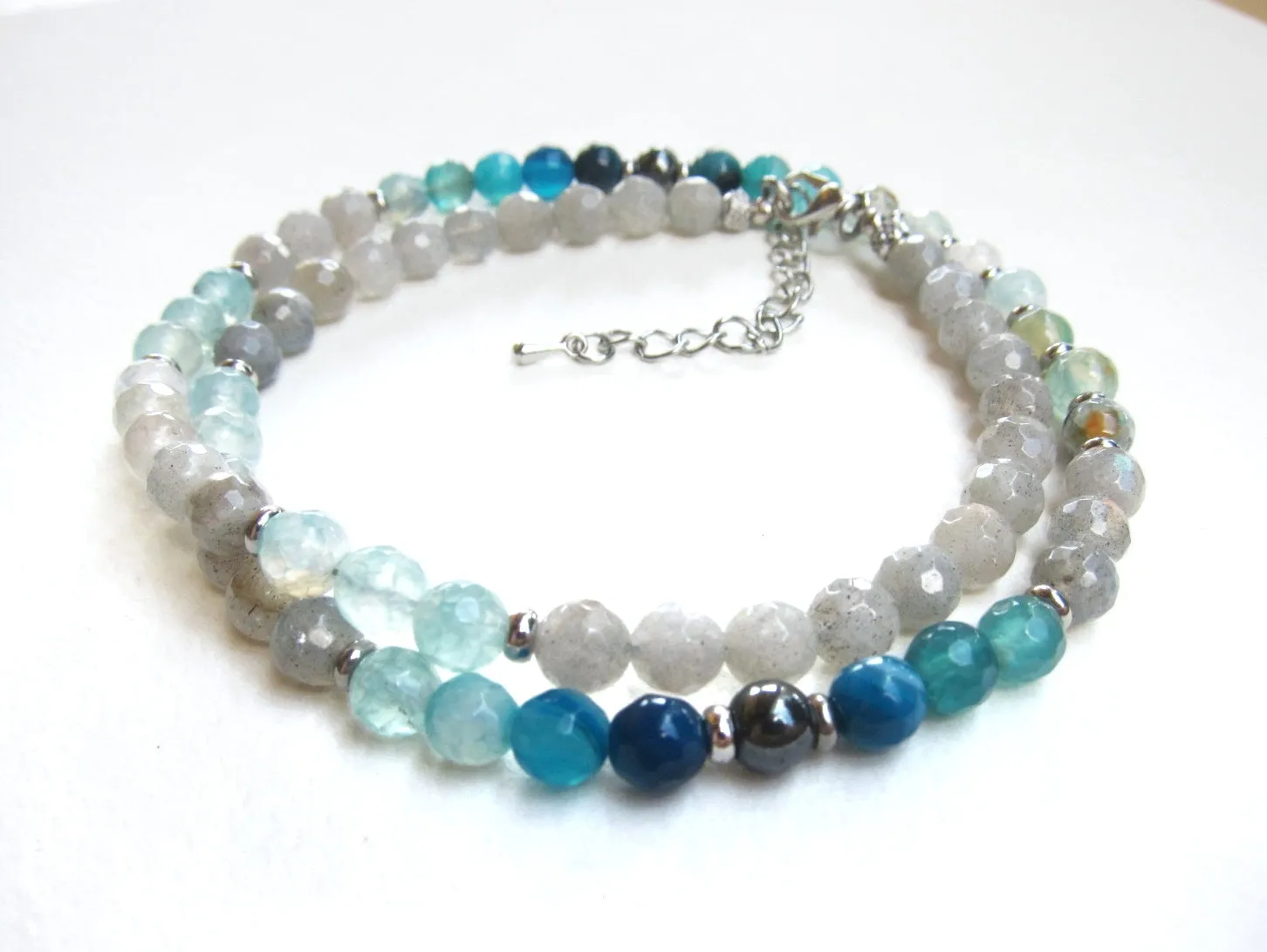 Rainbow Labradorite, Hematite, Blue Agate Luxurious Necklace - Calming, Confidence, Protection