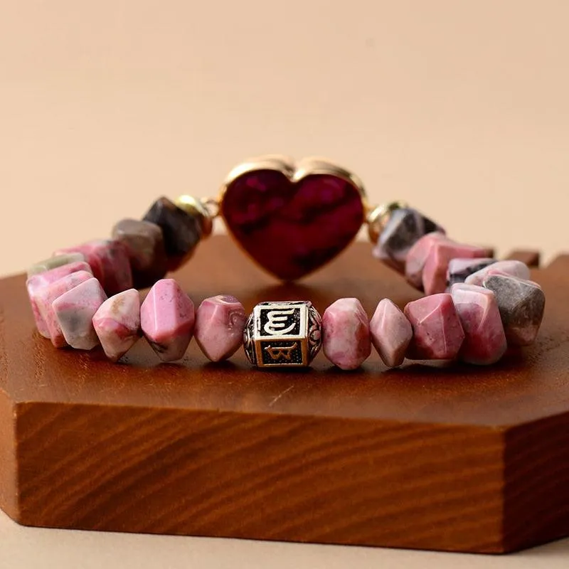 Rhodonite Beads & Heart Charm Stretchy Bracelet