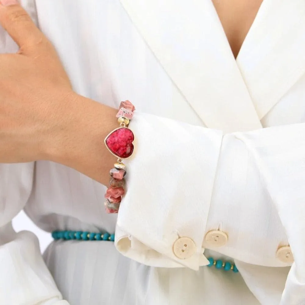 Rhodonite Beads & Heart Charm Stretchy Bracelet