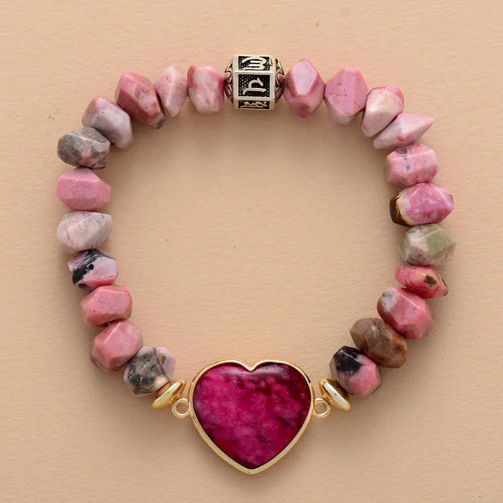 Rhodonite Beads & Heart Charm Stretchy Bracelet