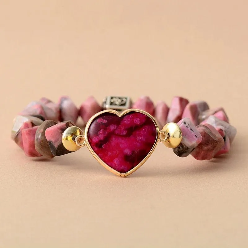 Rhodonite Beads & Heart Charm Stretchy Bracelet