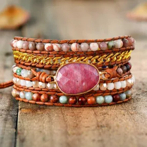 Rhodonite Charm & Mixed Crystals Wrap Bracelet