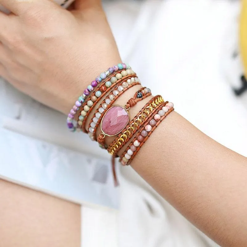 Rhodonite Charm & Mixed Crystals Wrap Bracelet