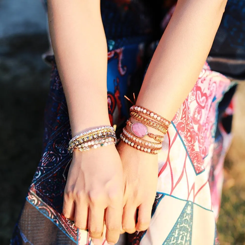 Rhodonite Charm & Mixed Crystals Wrap Bracelet