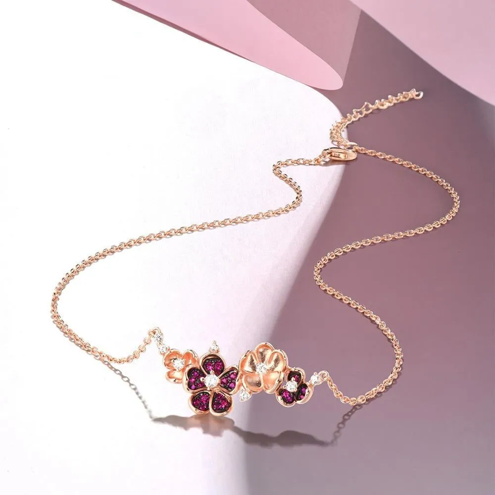 Rose Gold and Pink Flowers Created Ruby and Cubic Zirconia 925 Sterling Silver Fashion Pendant Necklace