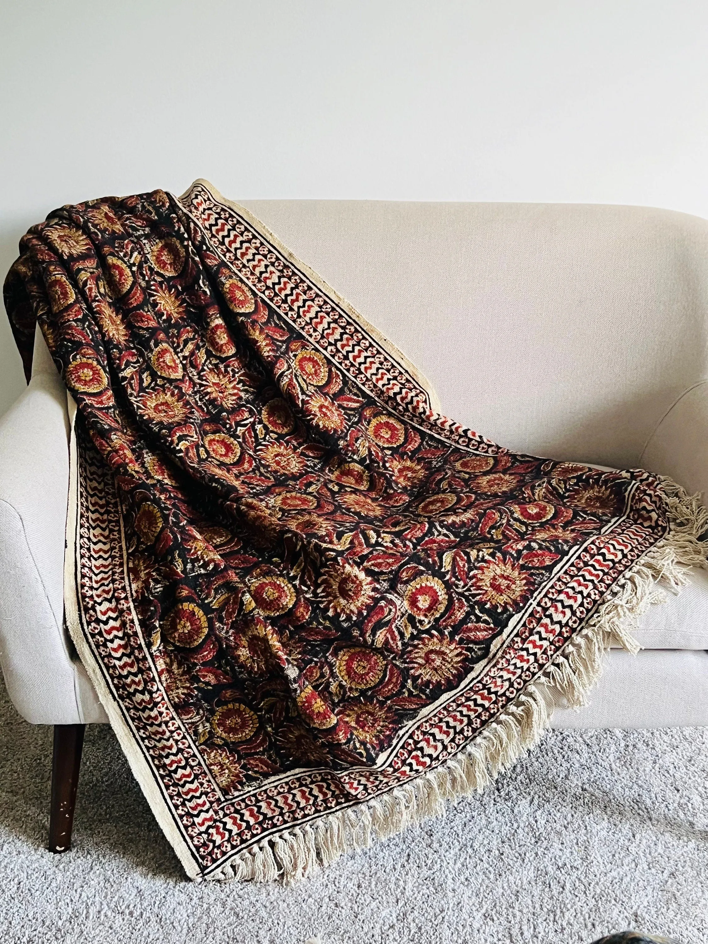 Rust Orange Floral Throw Blanket Couch, Block Print Cotton Throws & Blanket with Tassels. Sofa decor, Fall Home Decor, Queen King Size Throw