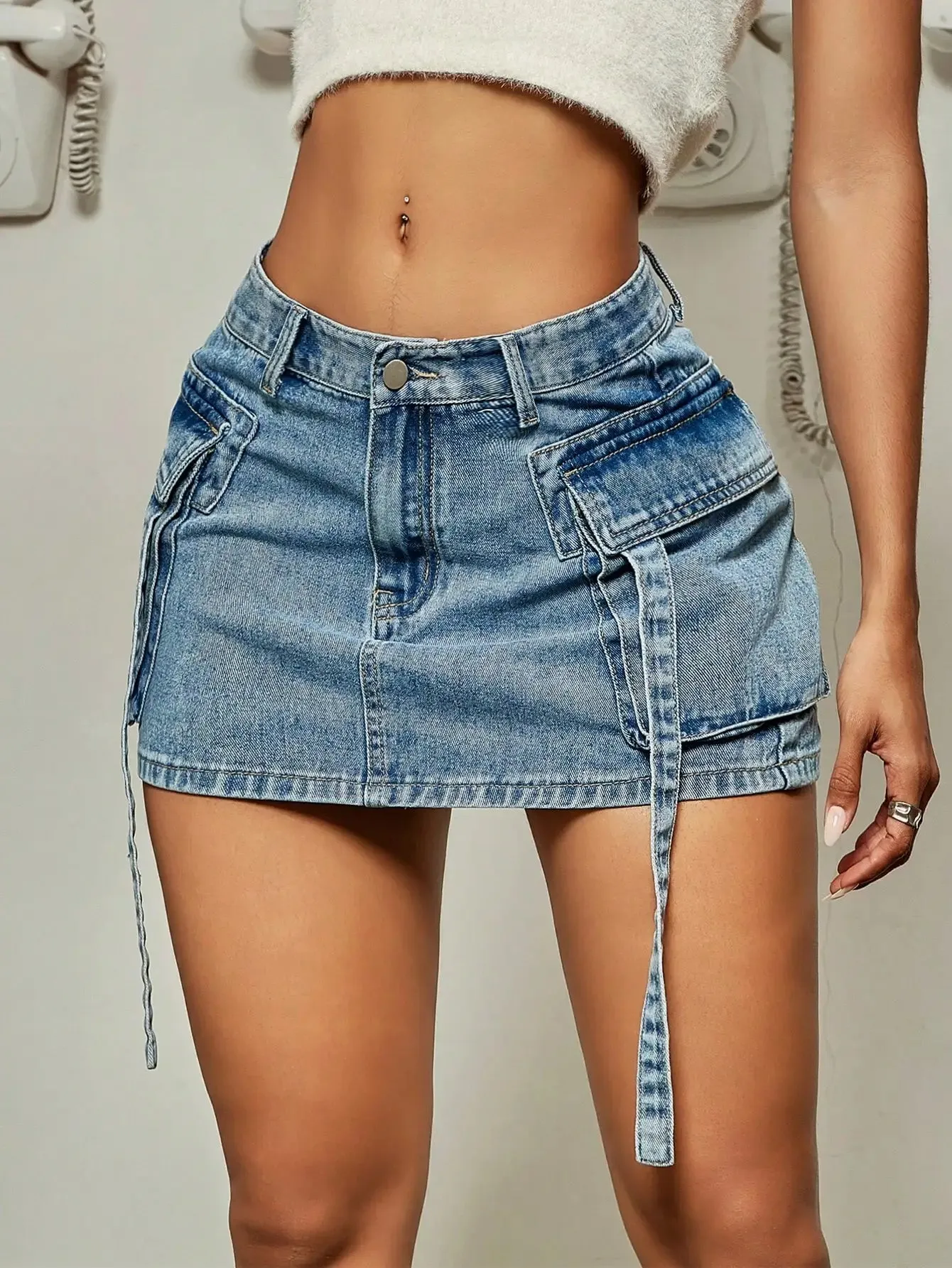 Trendy Street Tooling Style Workwear Denim Mini Skirt