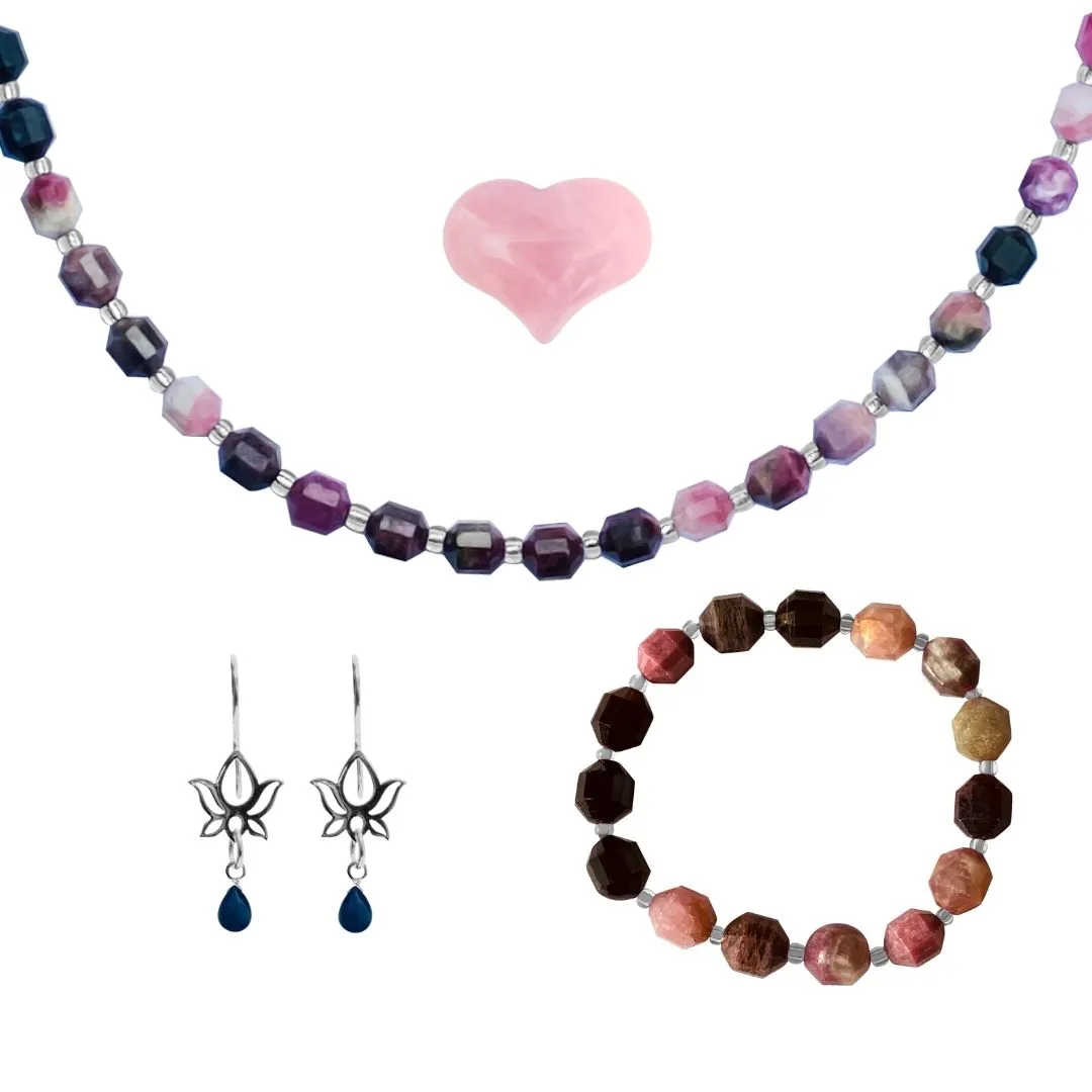 Yoga Themed Jewelry Set for Her with Tourmaline for Understanding